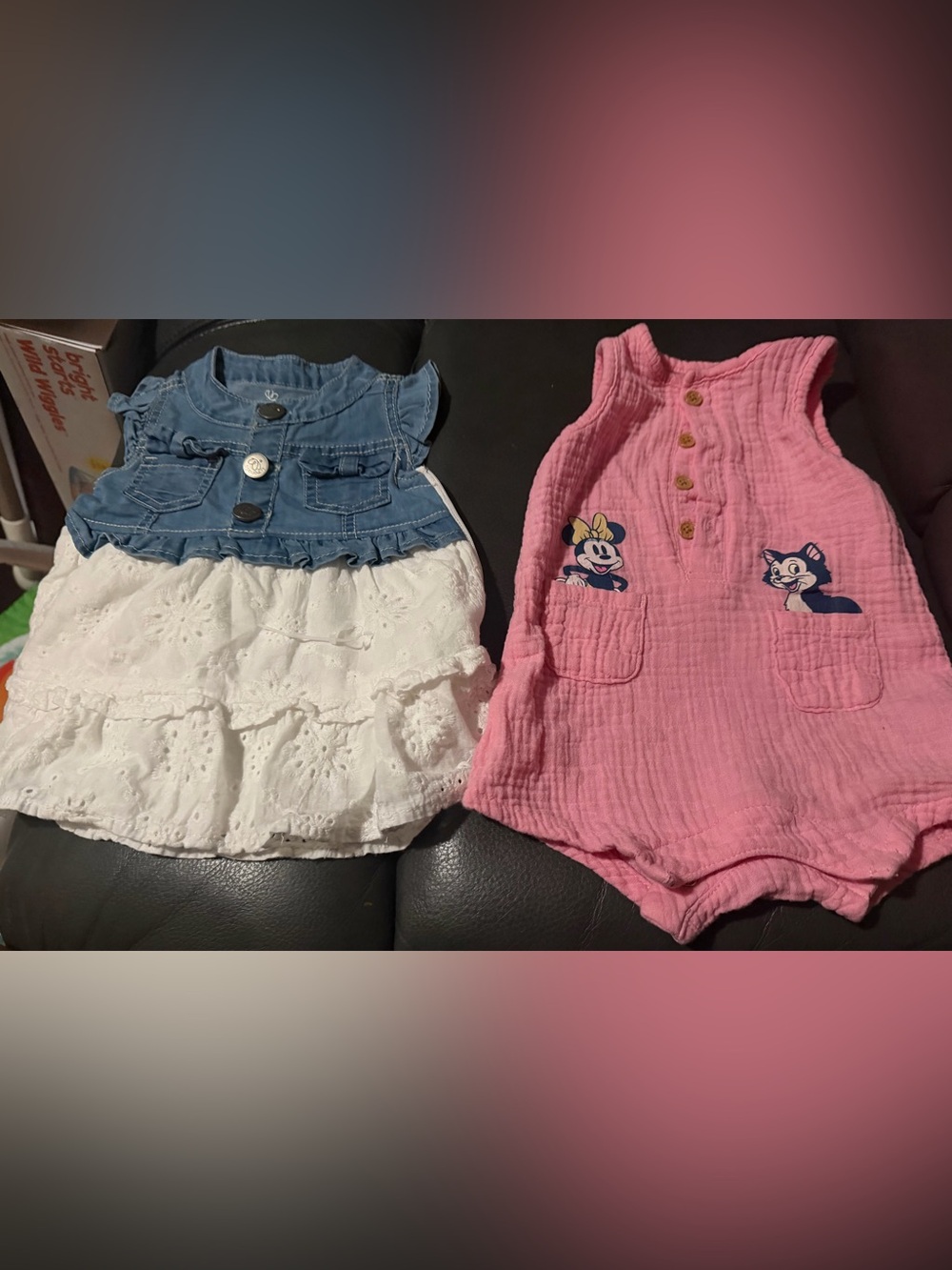 Disney Pink Minnie Mouse Romper with White Eyelet & Blue Denim Dress Set